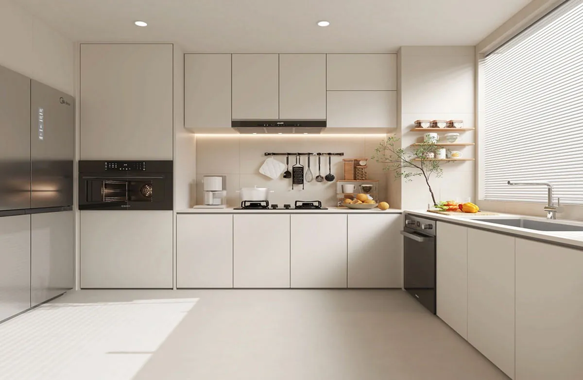 A kitchen with modern white cabinets